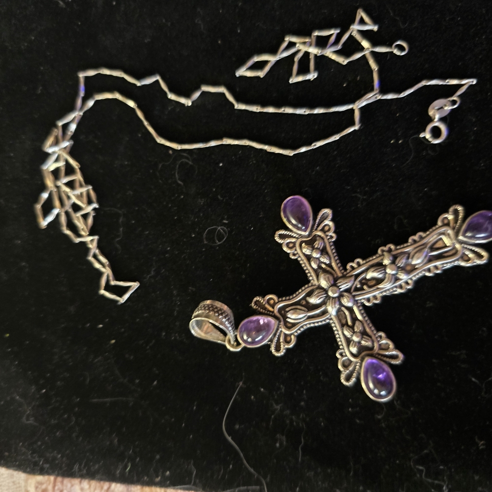 Elegant Silver and Purple Cross Pendant Necklace
